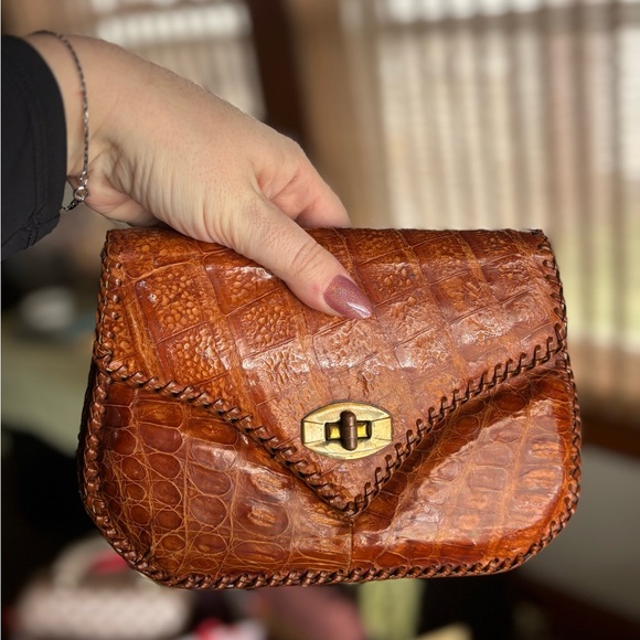 Cognac Brown Croc-Embossed Leather Clutch - Picture 2 of 7